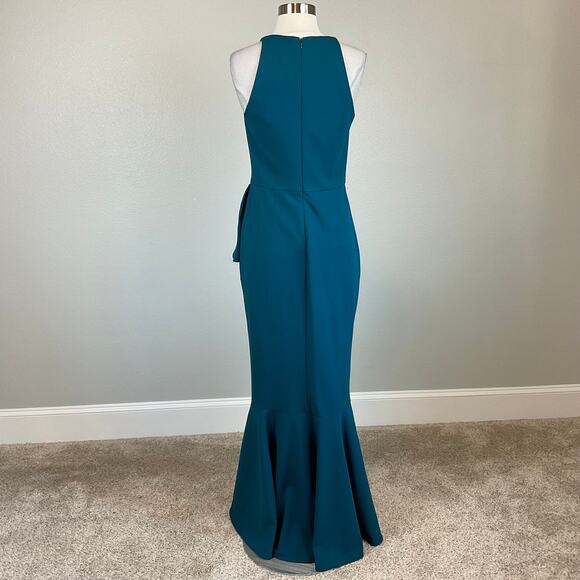 Betsy & Adam Ruffled Halter Long Mermaid Evening Gown Colorful Blue Size 6 Dress - Picture 6 of 13